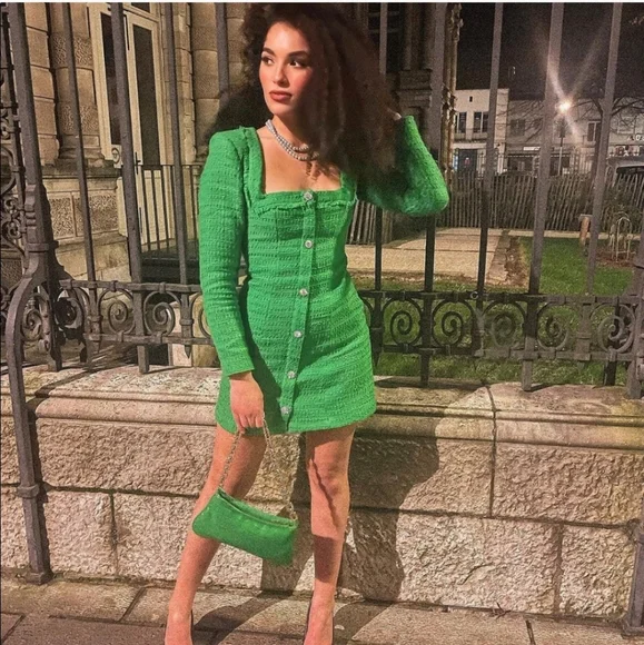 Zara * Tweed Textured Weave Blazer Dress with Jewel Buttons Green - Picture 9 of 14